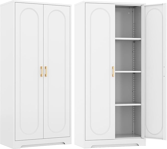 Kitchen Pantry Cabinet,60”Metal White Storage Cabinets with Doors and Shelves,Tall Cabinet with 2 Gold Hands for Dinning Room,Living Room