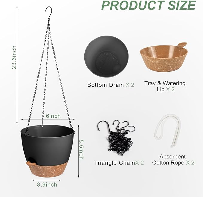 Hanging Planters for Indoor Outdoor Plants, 2 Pack Self Watering Hanging Pot with Drainage Holes & Removable Tray (Black, 6'')