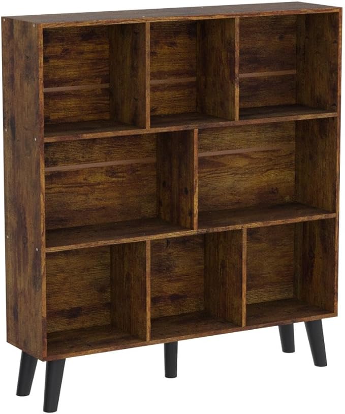 LEYAOYAO 8 Cube Bookshelf,3 Tier Bookcase with Legs,Rustic Brown Mid-Century Modern Bookshelves,Large Open Storage Organizer Shelf, Wooden Book Case