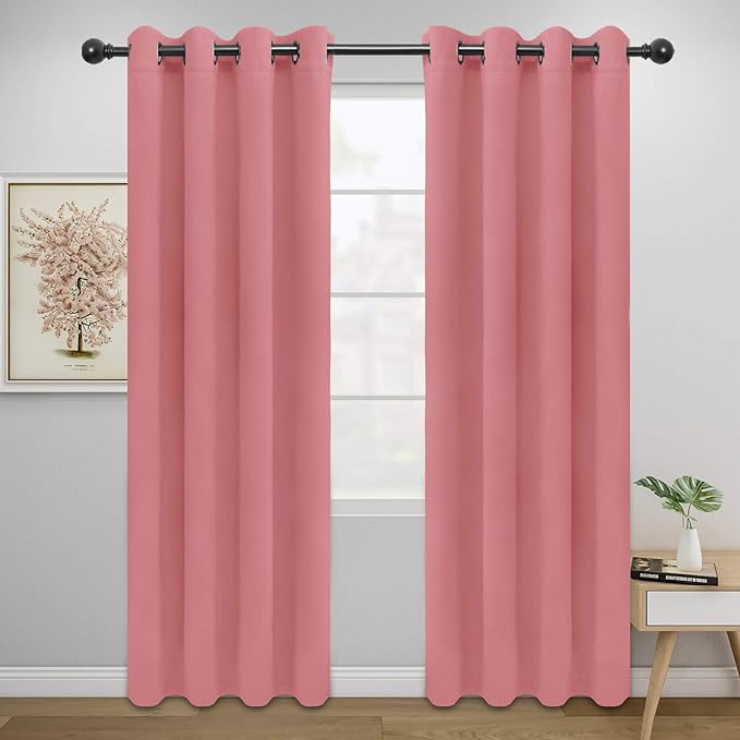 Easy-Going Blackout Curtains for Bedroom, Solid Thermal Insulated Grommet and Noise Reduction Window Drapes, Room Darkening Curtains for Living Room, 2 Panels (52x84 in,Pink)
