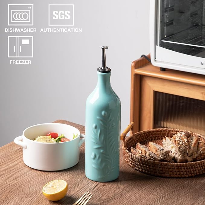 Sweejar Large Olive Oil Dispenser Bottle with Spout, 24 Oz Ceramic Oil Dispenser for Kitchen, Relief Opaque Oil Cruet, Oil Container for Cooking, EVOO, Avocado Oil, Vinegar, Pack of 1(Turquoise)