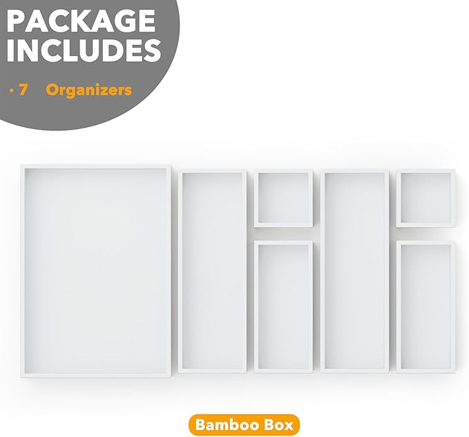 SpaceAid 7-Piece Bamboo Drawer Organizer Storage Boxes Set, Wood Tray Junk Drawer Organizers Multi-Use Divider Bins for Kitchen, Bathroom, Office Desk and Makeup Organization (7 Pack, White)