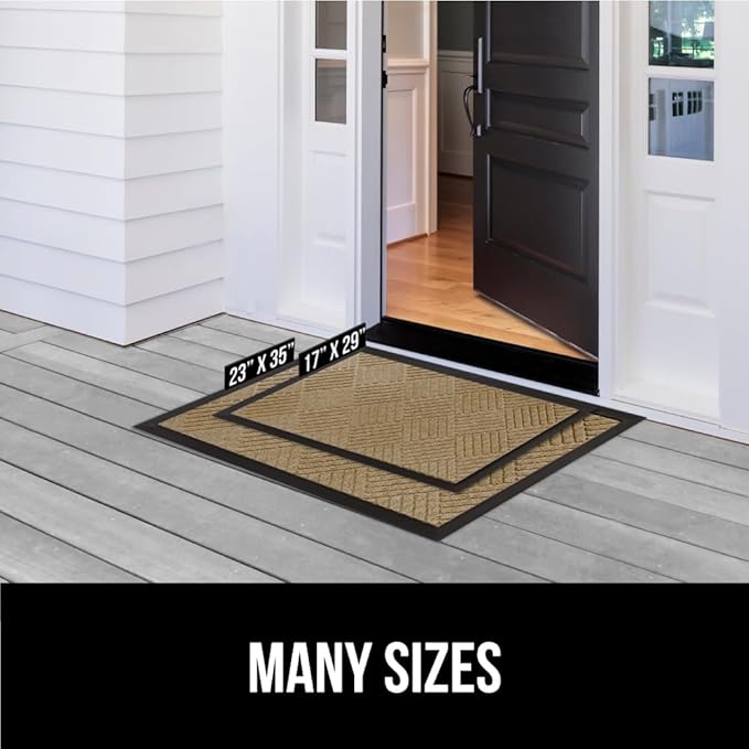 GORILLA GRIP 100% Waterproof All-Season WeatherMax Doormat US Designed Natural Rubber, Stain and Fade Resistant, Low Profile Indoor Outdoor Door Mats, Easy Clean Patio Mat, 23x35, Beige Diamond