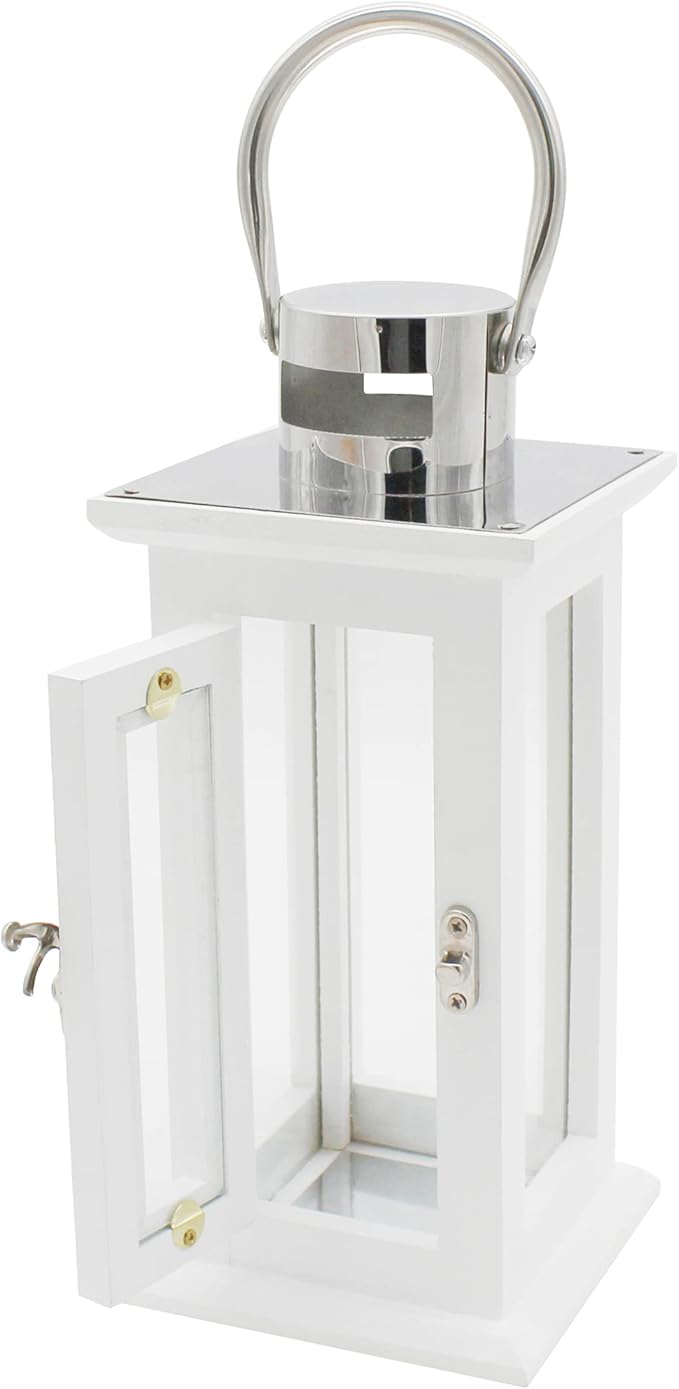 CVHOMEDECO. Decorative Elegant Wood Hurricane Candle Lantern with Stainless Top and Glass Inserts for Home Patio Outdoor Decor. White, Set of 2