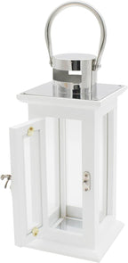 CVHOMEDECO. Decorative Elegant Wood Hurricane Candle Lantern with Stainless Top and Glass Inserts for Home Patio Outdoor Decor. White, Set of 2