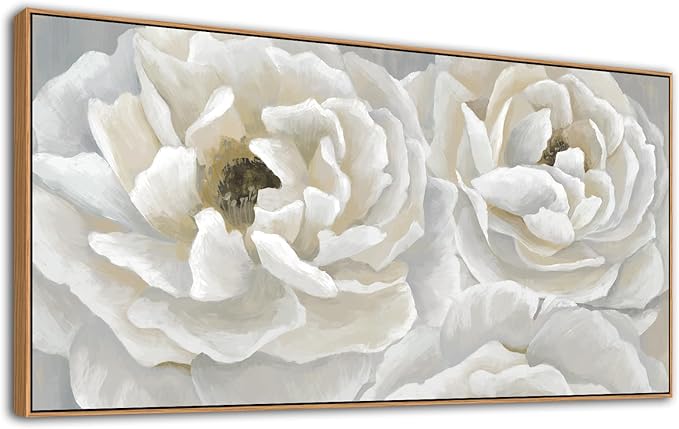 arteWOODS Cream White Flowers Framed Wall Art - Soft Peony Pictures for Wall Decor Elegant Blossom Flower Painting Artwork Botanical Prints for Living Room Home Office Wall Decoration 20" x 40"