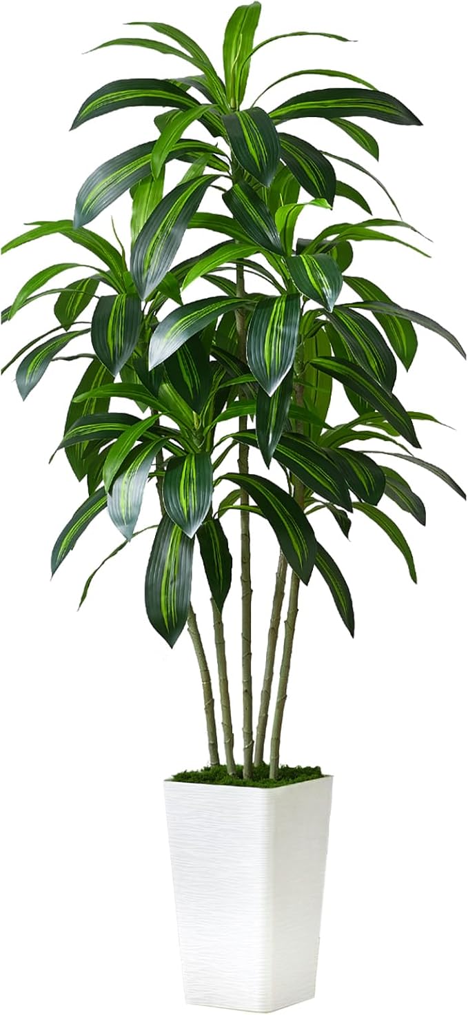 Artificial Dracaena Tree Artificial Silk Tree Faux Tree with White Tall Planter Fake Tropical Yucca Floor Plant (1, White Tall Planter, 5 FT)