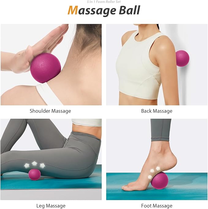5 in 1 Foam Roller Set for Deep Tissue Muscle Massage, High Density Fitness Exercise Foam Roller, Massage Roller, Massage Ball, Resistance Band, for Whole Body (Pink-Black)