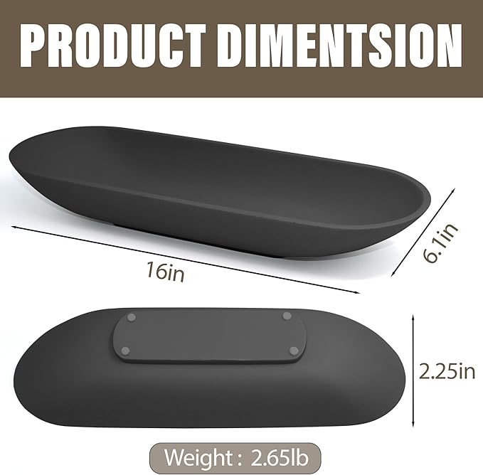 Large Decorative Bowl for Home Decor - Long Dough Bowl with Anti Slip Base for Table Centerpieces - Black Minimalist Design Dough Decor Bowl for Coffee Table, Dining Table Centerpiece