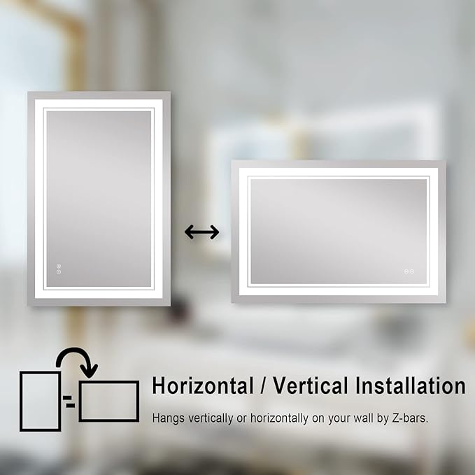 WELLFOR LED Bathroom Vanity Mirror 40 x 24 Inch, Lighted Anti-Fog Dimmable Mirror, IP44 Waterproof Wall Mounted Makeup Mirror, Packed with US Standard Plug and Touch Switch, (Horizontal/Vertical)