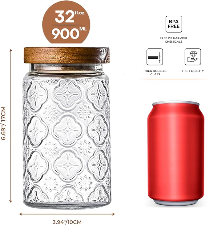 32oz Vintage Glass Jar With Lid, Glass Storage Containers, Airtight Kitchen Storage Containers For Sugar, Coffee, Tea, Spice, Flour, Candy Cookie, Pasta, Cereal, Cute Decorative Jars