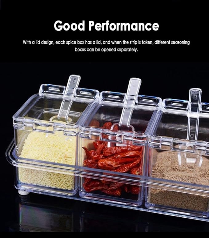 Clear Seasoning Box - 4 Piece Acrylic Spice Storage Container storage Tool for Kitchen Herb Spice Tools Gadgets-Cruet with Lid and Spoon