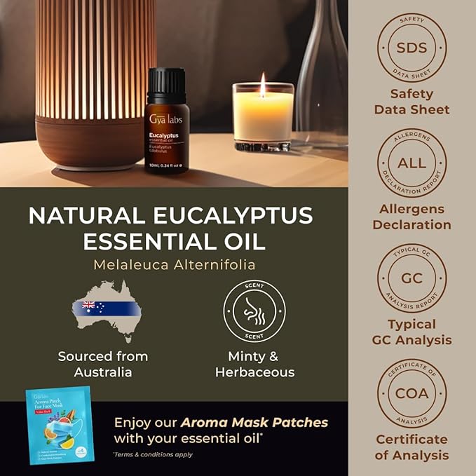 Gya Labs Eucalyptus Essential Oil for Diffuser - 0.34 Fl Oz - 100% Pure Natural Eucalyptus Oil for Skin, Humidifier, Candle Making & Aromatherapy - Fresh, Cooling Scent