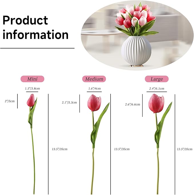 Buart Artificial Tulip in Bulk for Home Kitchen Wedding Bridal Bouquet,Fake Flowers for Valentine's Day Mother's Day Easter Table Centerpieces Decorations(Large Size,Multi Pink,Real-Touch,12pcs)