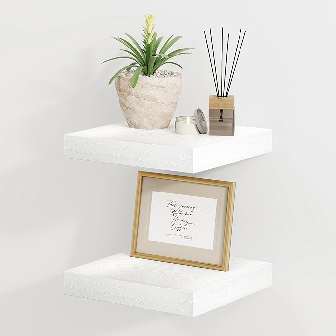 8 Inch Deep Floating Shelves White, Rustic Wood Floating Shelf for Home Decor, 8 x 8 Inch Square Wall Shelves, Wooden Storage & Display Shelves for Kitchen, Bathroom, Living Room, Set of 2