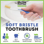 MOUTHWATCHERS Soft Flossing Manual Toothbrush for Adults, 2 Pack, Blue, Ultra Clean, Good for Sensitive Teeth and Gums, by Dr. Plotka's