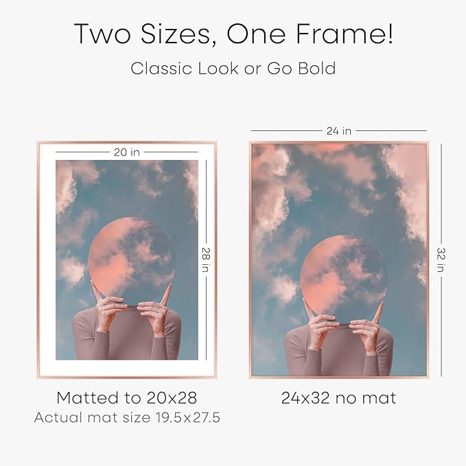 Homeforia 24x32 Rose Gold Picture Frame, High End Metal 24x32 Poster Frames with Mat 20x28 inch Photo, 24 x 32 Thin Frame Matted to 20 x 28 Print, 32x24 Large Frame, Tempered Glass, Wall Kit, Set of 1