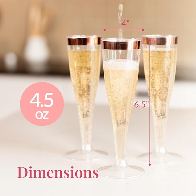 Prestee Set of 24 Plastic Champagne Flutes with Rose Gold Rim - 4.5 oz - Shatterproof Disposable Glasses - Elegant Design - Ideal for Weddings, Cocktail Parties, and Outdoor Celebrations