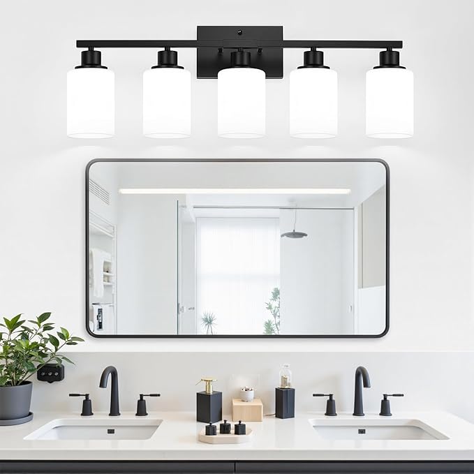 5-Light Black Bathroom Vanity Light Fixture with Milky White Frosted Glass Shades, Bathroom Light Fixture for Mirror, Matte Finish, Reversible Up/Down Lighting for Bedroom, Living Room, Hallway