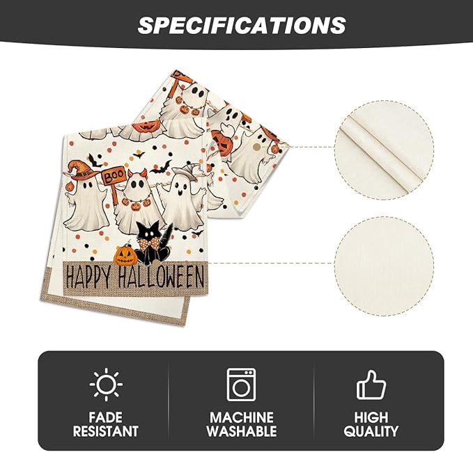 Artoid Mode Beige Ghost Jack-O'-Lantern Black Cat Halloween Table Runner,Holiday Kitchen Dining Table Decoration for Home Party Decor 13 x 90 Inch
