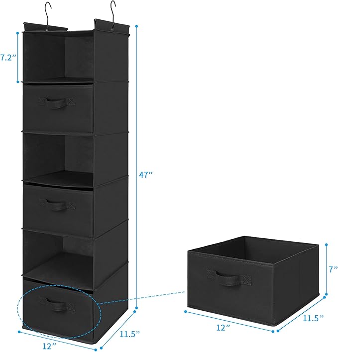 MAX Houser 6 Tier Shelf Hanging Closet Organizer, Closet Hanging Shelf with 2 Sturdy Hooks for Storage, Foldable (Black-D3)