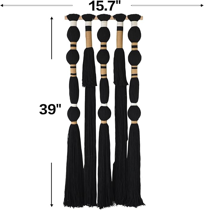 Macrame Wall Hanging Black Sphericity Cotton Tassels Textile Hanging Geometric Yarn Wall Art for Bedroom Living Room Decor 15.7" W x 39" L