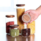 Glass Canisters Set of 5 for the kitchen, Glass Storage Container jars with Airtight Acacia Lid for Coffee Beans, Flour, Sugar, Rice and Spaghetti and etc