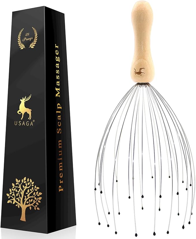 USAGA 28 Finger Head Scratcher, Head Massager, Scalp Massager for Scalp Body Relaxing Wood Handle (1 Pack)