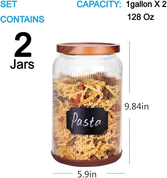 SAIOOL 2-Pack Striped Borosilicate Glass Airtight Canisters - Big mouth Large Capacity, Acacia Wood Lid, Food Storage Jars for Flour, Pasta, Pantry Organization (1 Gallon （2 Striped pack）)