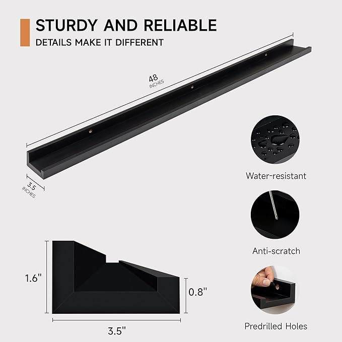 Picture Ledge Shelf for Wall, Floating Shelves Set of 4, 48 Inch Long Nursery Book Shelves for Toys Storage, Kids Bookshelf Wall Mounted for Books Photo Frames, Black
