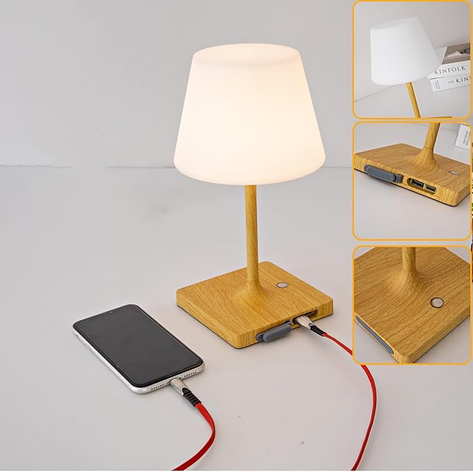 Cordless Table lamp, Outdoor Battery Operated Rechargeable Desk lamp,Waterproof Shower Lamp,4000mAh LED 3 Colors Dimmable Touch Lamps for Camping Patio Courtyard Bedroom-Wood