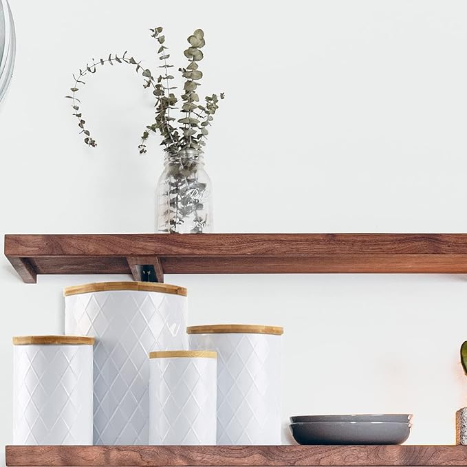 White Kitchen Canisters Set with Bamboo Lids, Airtight Sugar, Flour, Coffee, Cookie Storage Canister Sets for kitchen Countertop, Farmhouse kitchen decor, 4 Pack