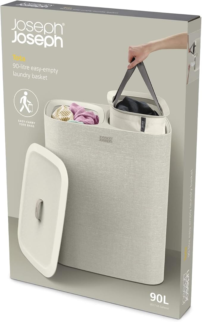 Joseph Joseph Tota 90 liter/23.8 gallon Laundry Hamper Separation Basket with lid, 2 Removable Washing Bags with Handles - Ecru