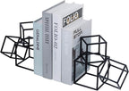 MyGift Modern Matte Black Metal Geometric Bookends in 3 Cube Frame Design, Decorative Book Stands for Home Library Bookshelf Office Desk, 1 Pair, Handcrafted in India