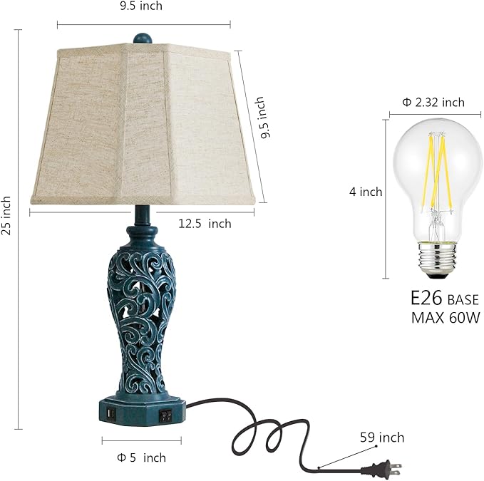 25'' Farmhouse Table Lamps Set of 2 for Living Room Bedroom, 2 USB Ports Coastal Vintage Table Lamp with Nightlight, Blue Green Hollow Out Resin Lamp for End Table (Bulbs Included)