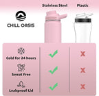 Chill Oasis Water Bottle | Compatible With Popular Flavor Cartridges | BPA Free, Leak Proof, Double-Walled Vacuum Insulated Stainless Steel, and Dishwasher Safe | Cold for 24 Hours (Pink, 12oz)