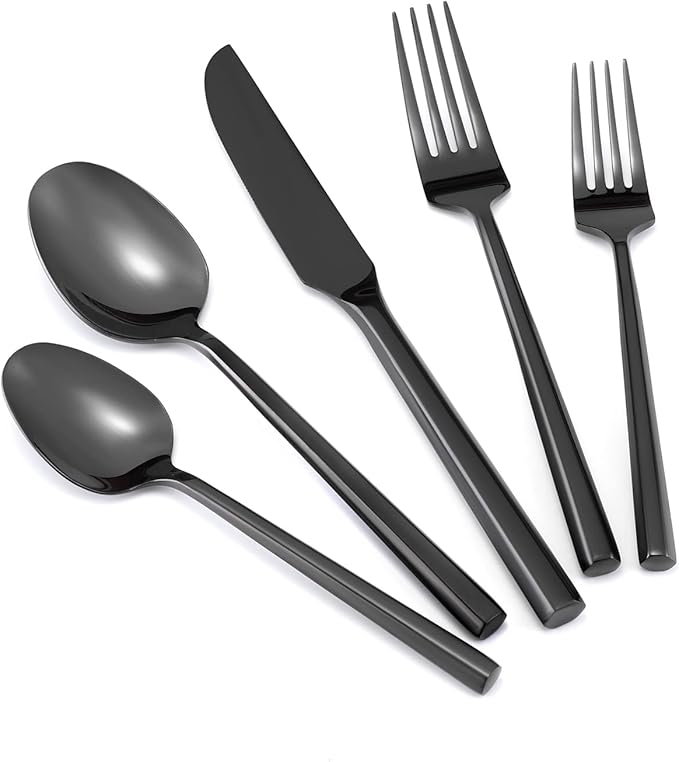 Hand Forged Stainless Steel Flatware Set Silverware Set Cutlery Set Hexagon Handle Black Mirror Finished 20 Pieces Service for 4