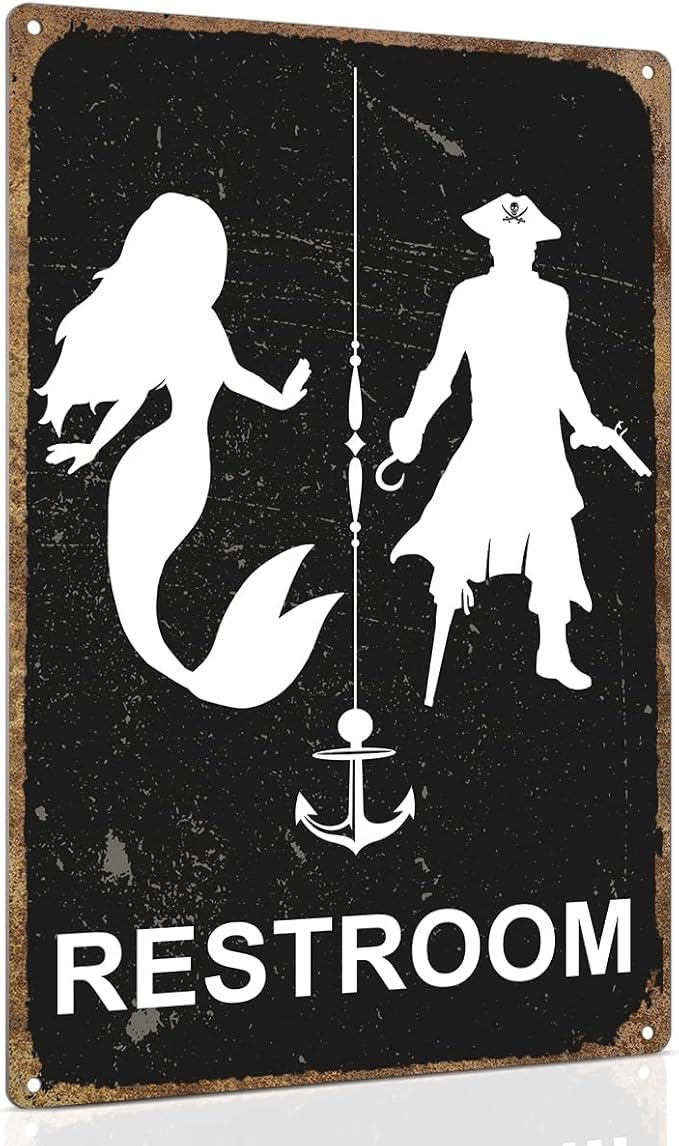 ALKB Nautical Themed Vintage Restroom Door Sign Fun Mermaid and Pirate Sign Suitable for Ocean, Beach, Ship Themed Wall Decor 8x12 Inch