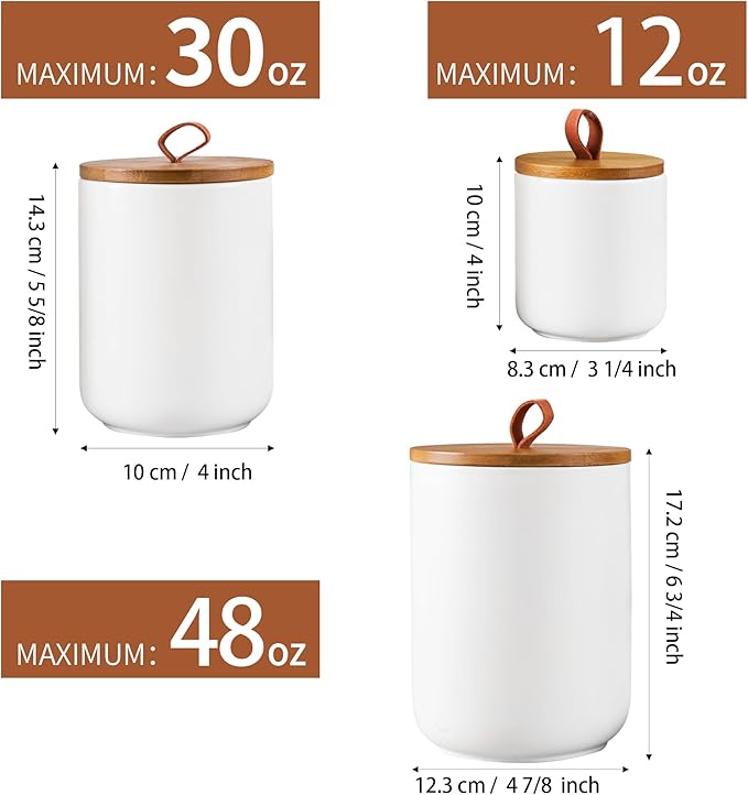 Ceramic Canister Set for Kitchen, 3pcs White Ceramic Kitchen Canisters for Countertop with Airtight Wood Lids, Large Flour and Sugar Containers for Coffee, Tea, Spice