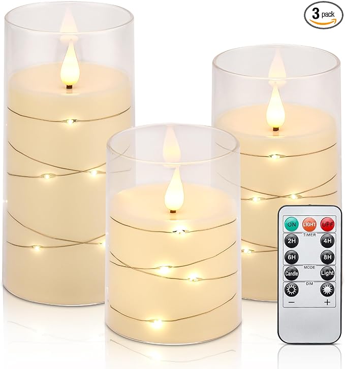 Aignis Flickering Flameless Candles Battery Operated Candles LED Candles with Remote Timer for Home/Wedding/Birthday/Holiday Decor, Warm White 3D Flame Set of 3 (D3 xH4 5" 6")