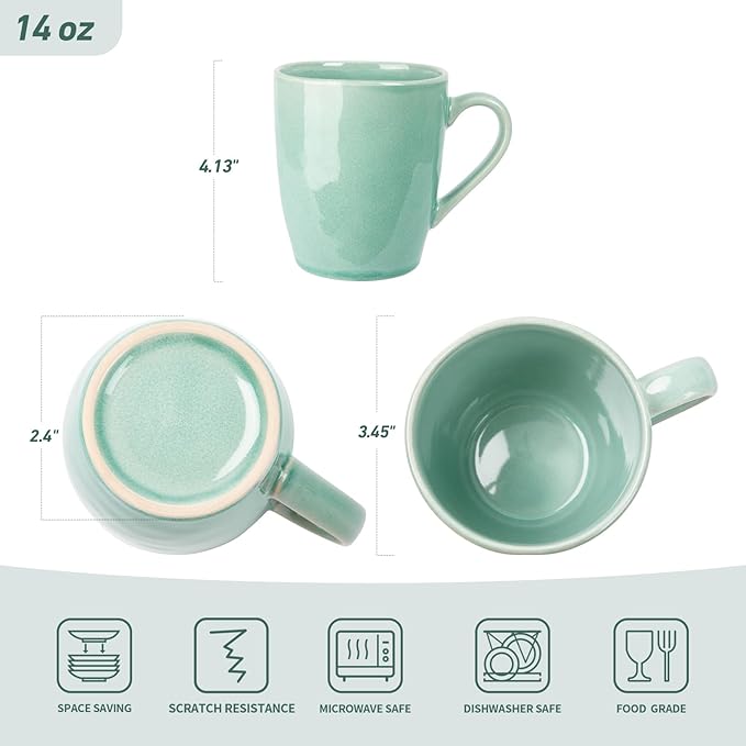 famiware Aurora Coffee Mugs, 14oz Mug Set of 4, Stoneware Mug, Cups for Kitchen, Cappuccino, Latte, Reactive Glaze, Microwave Safe, Scractch-resistant, Mint Green