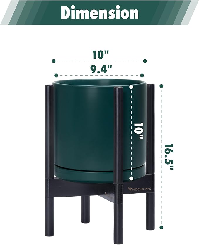 D'vine Dev Ceramic Planter with Ebony Stand - 10 Inch Modern Round Flower Pot with Wood Planter Holder, Teal, 55-B-L-4