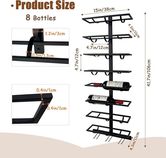 16 Bottle Wall Mount Wine Rack with Wine Glass Holder, Metal Wine Wall Rack, Wall Racks for Wine Bottles Display and Storage, Hanging Bottle Organizer for Living Dining Room Wine Cellar Bar (Black)