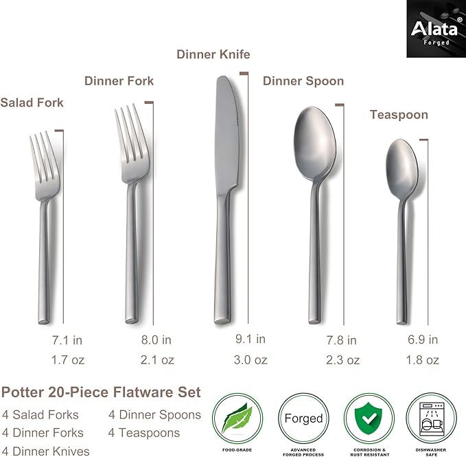Alata Potter 20-Piece Forged Silverware Set, Service for 4 – Premium Stainless Steel Flatware Set, Modern Design with Satin Finish, Ideal for Home, Kitchen, Party, Camping
