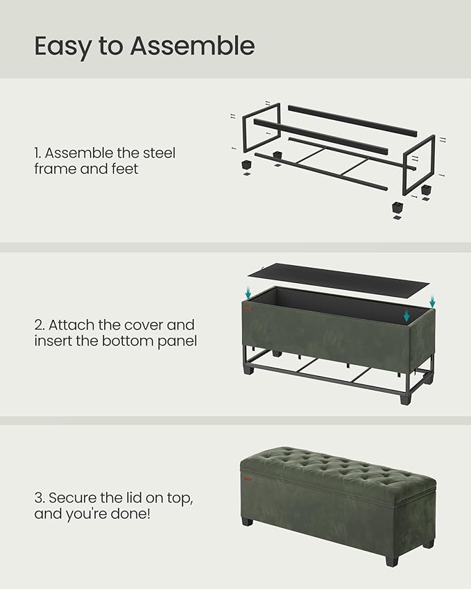 SONGMICS Velvet Storage Ottoman Bench, Foot Rest with Legs, 15.7 x 43 x 15.7 Inches, End of Bed Bench, Storage Chest, Load up to 660 lb, for Living Room, Bedroom, Entryway, Forest Green ULSF089C01