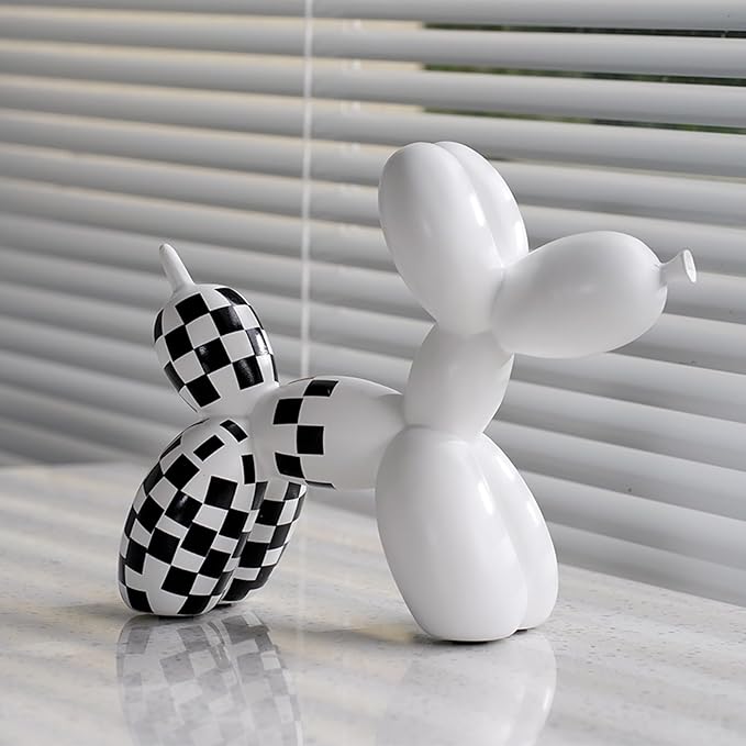 Vilead Resin Balloon Dog Statue with Checkered Pattern,Modern Home Decoration Trendy Animal Art Ornaments,Collection Figurine Bedroom Living Room Office Desktop Sculpture