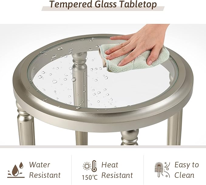 COSIEST Round Side Table, End Table Glass with Wood Frame, Champagne Gold Bedside Table with Modern Style for Living Room, Balcony, Bedroom
