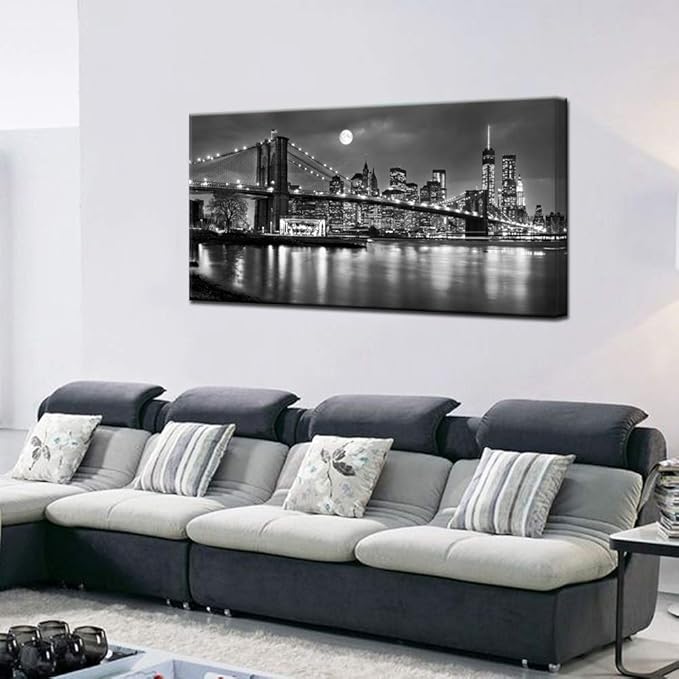 LevvArts - Black and White New York Picture Brooklyn Bridge Canvas Wall Art Full Moon Night Manhattan City Poster Canvas Print Framed Gallery Wrapped Modern Home Office Decoration