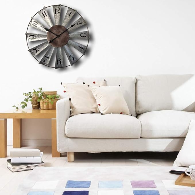 Mrocioa 30inch Windmill Distressed Metal Wall Clocks Rustic Large Decorative Clock Oversized Farmhouse Decor,Non Ticking,Battery Operated