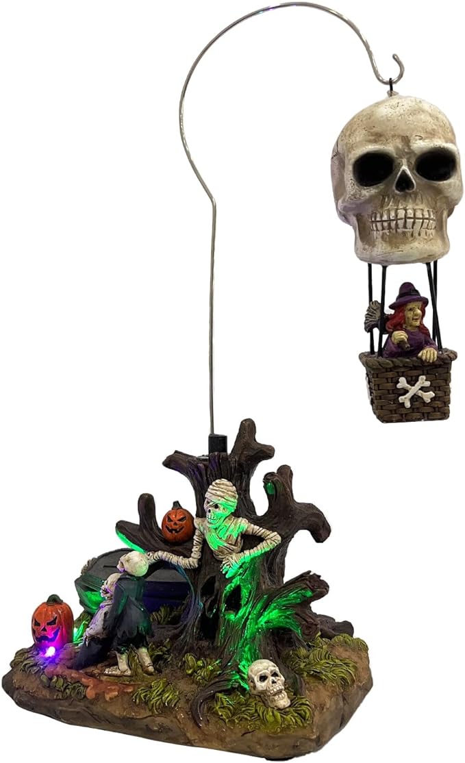 Animated Skull Balloon Ride Halloween Figurine | Spooky Town Collection Accessories with Multi-Color LED, Motion and Sound | 14.13 Inch